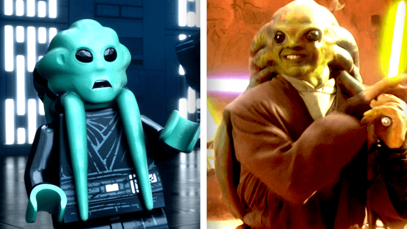 A comparison of Darth Kit Fisto in LEGO and Kit Fisto in Attack of the Clones