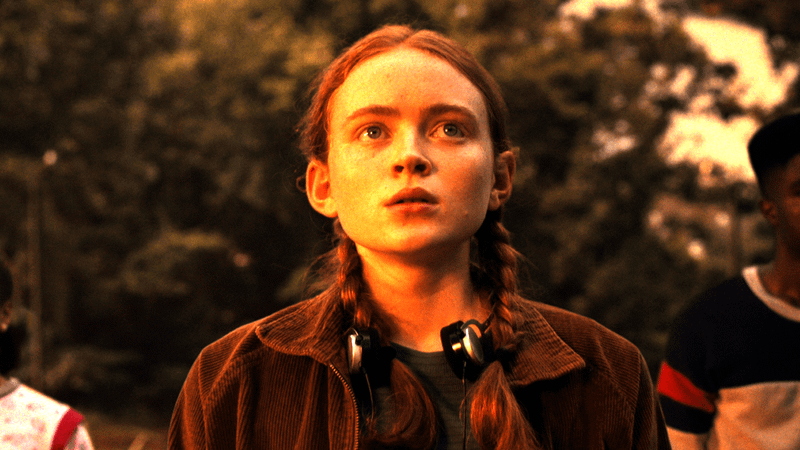 Sadie Sink as Max looking up at something in Stranger Things 5