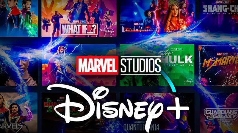 Marvel Studios and Disney+ logos in front of TV and movie tiles.