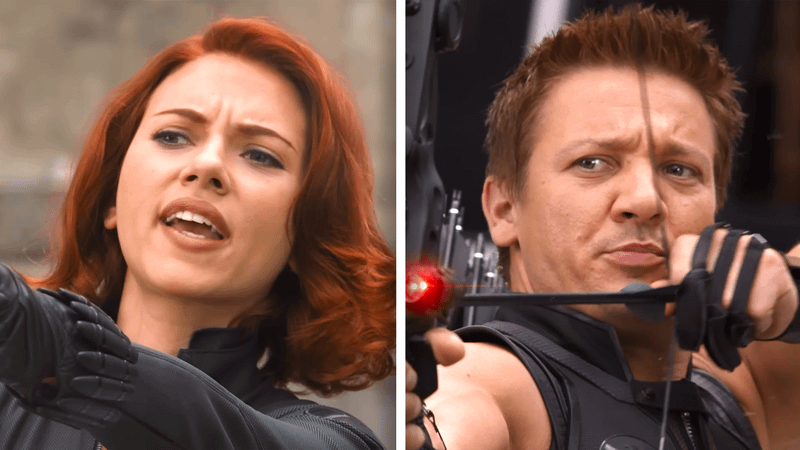 Scarlett Johansson as Natasha Romanoff, Jeremy Renner as Clint Barton in The Avengers