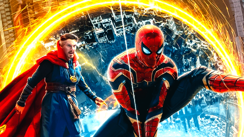 Benedict Cumberbatch as Doctor Strange and Tom Holland as Spider-Man swinging through a portal in Spider-Man: No Way Home poster