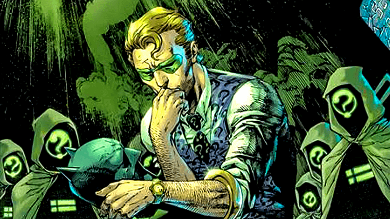 Riddler puzzling in the rain in DC Comics