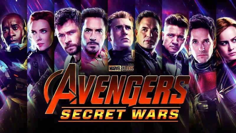 Several Avengers faces together and the Avengers: Secret Wars logo