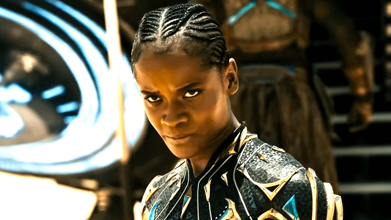 Shuri looks determined in her Black Panther suit as she faces off against Namor in Black Panther: Wakanda Forever.