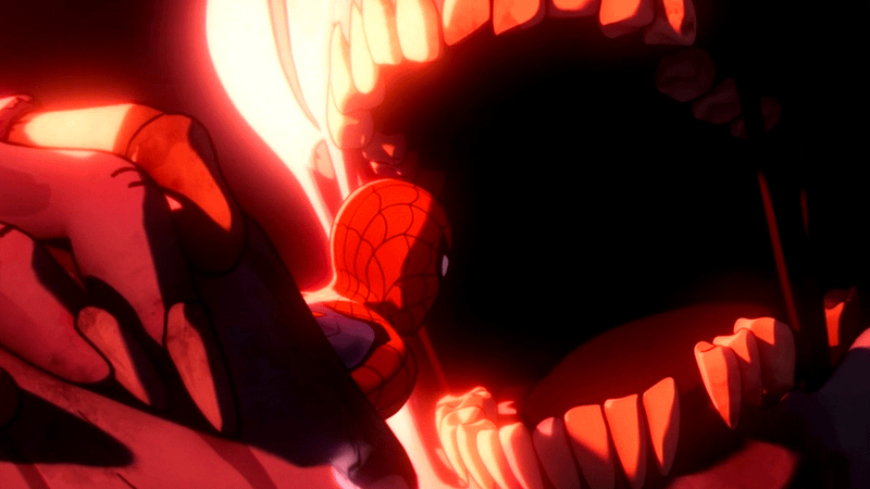 Spider-Man being held to the mouth of a zombie Wasp in Marvel Zombies