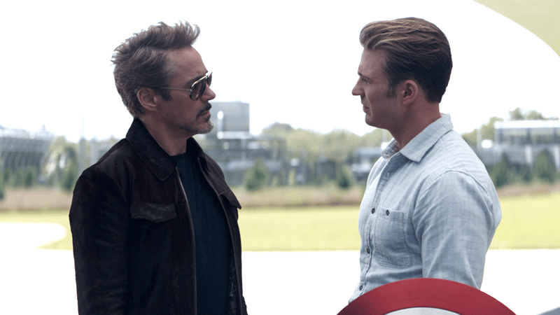Robert Downey Jr as Tony Stark and Chris Evans as Steve Rogers in Avengers: Endgame