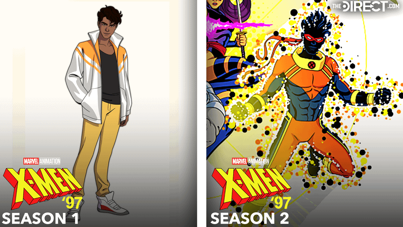 Sunspot in yellow pants, black shirt, and white/orange jacket from 'X-Men '97' Season 1, Sunspot in blue and orange costume from 'X-Men '97' Season 2.
