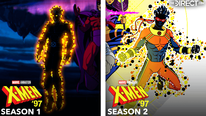 Sunspot glowing black from 'X-Men '97' Season 1, Sunspot in blue and orange costume from 'X-Men '97' Season 2.