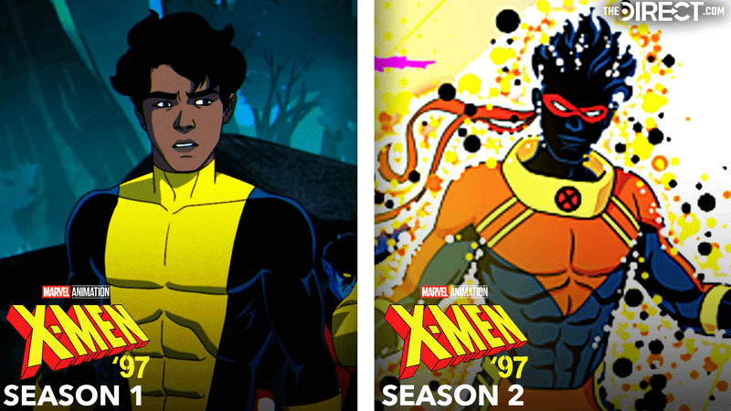 Sunspot in blue and yellow X-Men suit from 'X-Men '97' Season 1 close up, Sunspot in blue and orange costume from 'X-Men '97' Season 2.