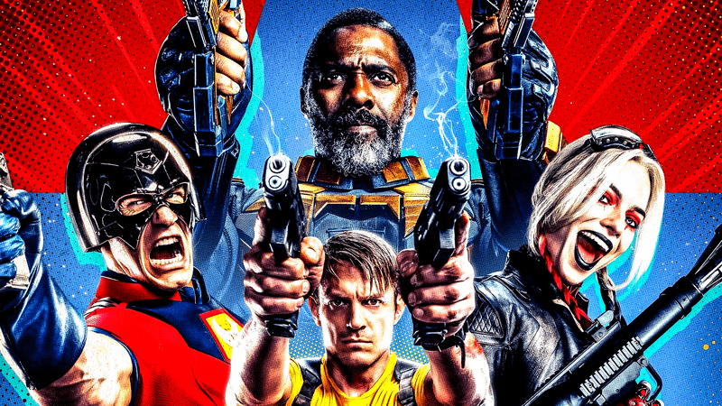 John Cena as Peacemaker, Joel Kinnaman as Rick Flag Jr., Idris Elba as Bloodsport, Margot Robbie as Harley Quinn in 'The Suicide Squad' poster