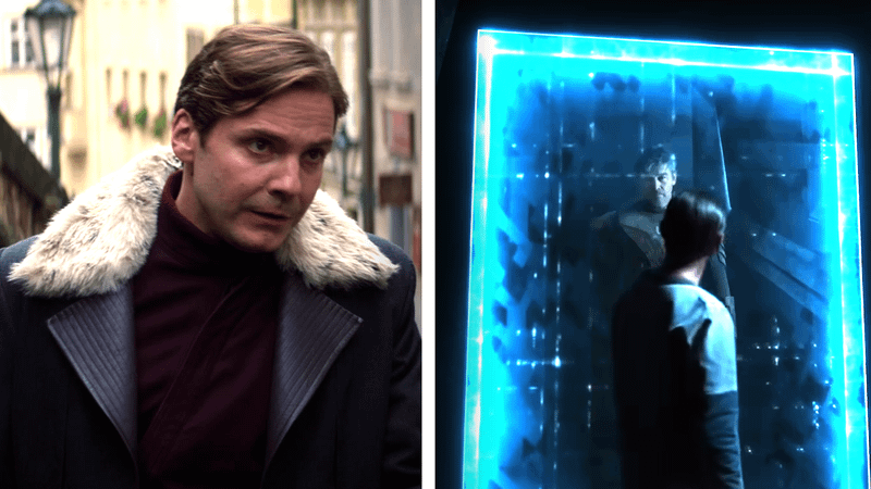 Daniel Brühl as Helmut Zemo in 'The Falcon and the Winter Soldier,' Kyle Chandler as Hal Jordan in a cell in front of Ulrich Thomsen's Sinestro in 'Lanterns.'