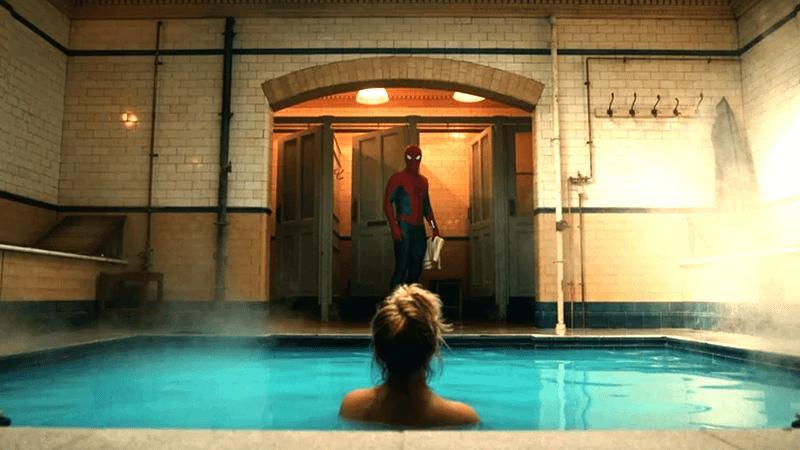 Spider-Man facing Yelena Belova in a sauna.