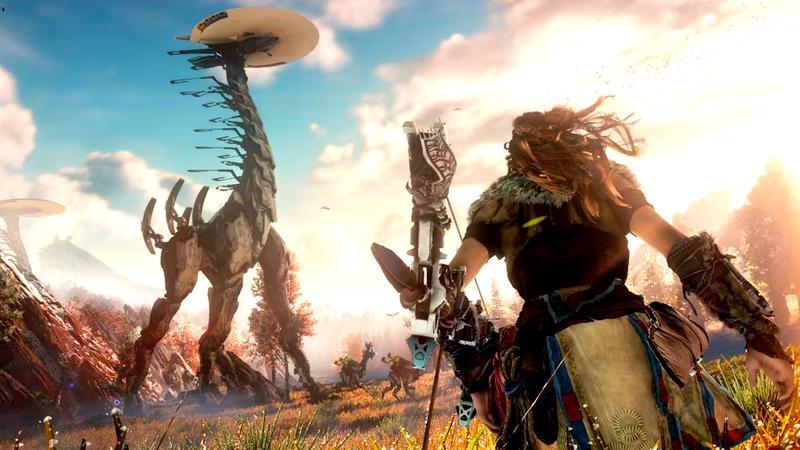 Alow standing next to a tall neck dinosaur in Horizon: Zero Dawn