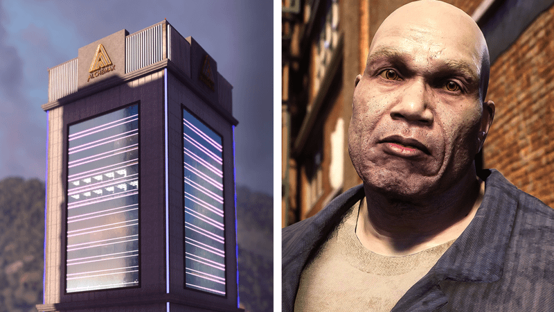 The Alchemax building on the left and Tombstone on the right.