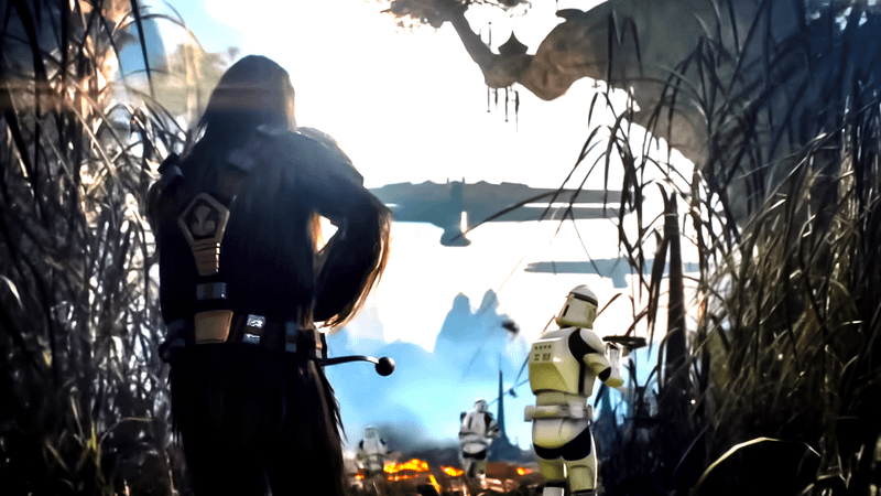 A wookie and three Stormtroopers stand among a field of tall grass, a large alien and two ships visible in the background in an untitled Star Wars video game from Amy Hennig.