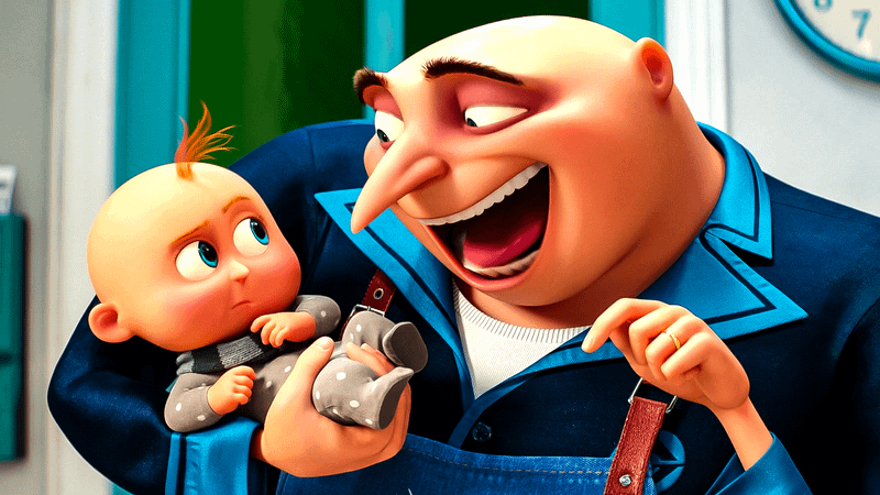 Gru happily holds his new born son Gru Jr.