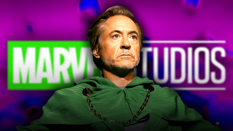 Robert Downey Jr. in Doctor Doom robes in front of Marvel Studios logo
