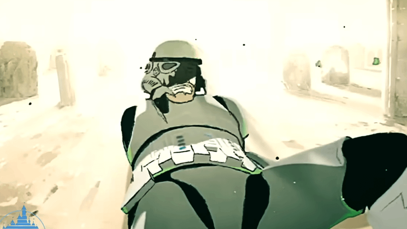 Green the Stormtrooper on the ground in Star Wars: Visions