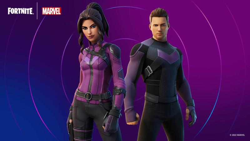The Kate Bishop and Clint Barton skins from Fortnite