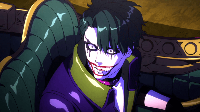 Joker with a jagged teeth and crooked smile.