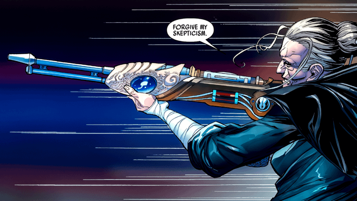 Jocasta Nu holding a lightsaber rifle.