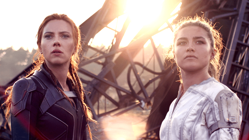 Scarlett Johansson as Natasha Romanoff and Florence Pugh as Yelena Belova in Black Widow