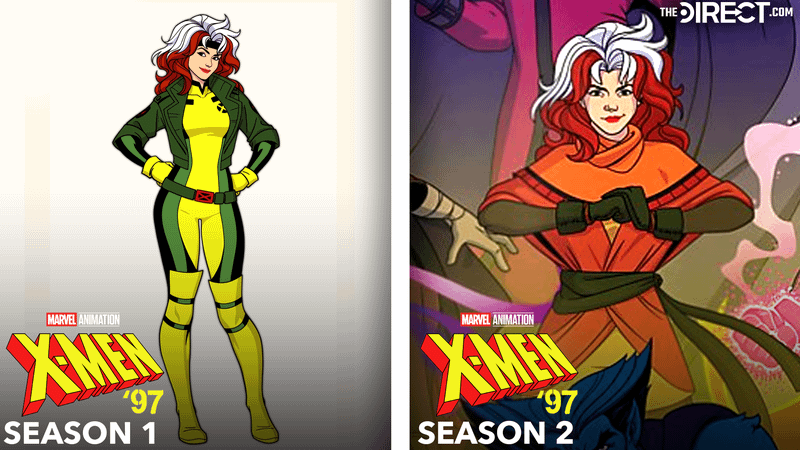 Rogue in green and yellow costume from 'X-Men '97' Season 1, Rogue in green suit with orange robes in 'X-Men '97' Season 2.