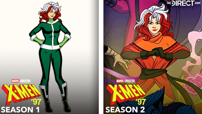 Rogue in green and white suit from 'X-Men '97' Season 1, Rogue in green suit with orange robes in 'X-Men '97' Season 2.