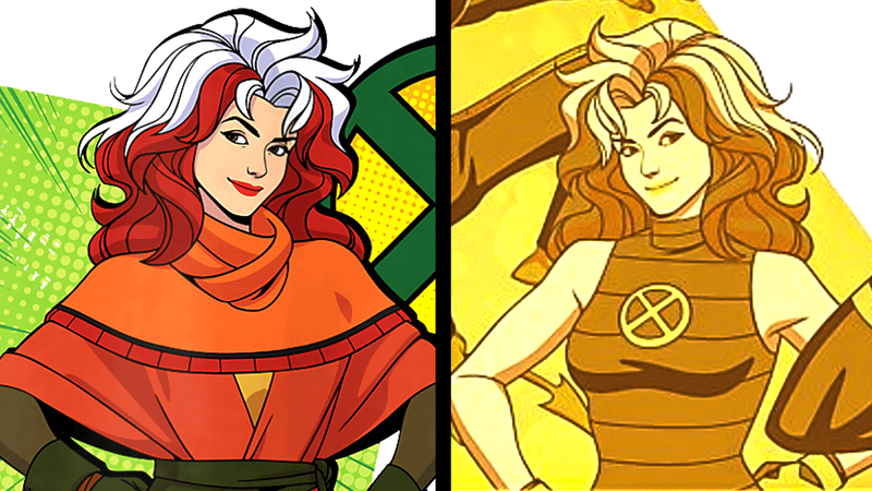 Rogue in a poncho on the left and Rogue in a sleeveless costume on the right.
