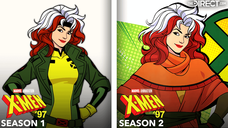 Rogue in green and yellow costume from 'X-Men '97' Season 1 close up, Rogue in green suit with orange robes in 'X-Men '97' Season 2 close up.
