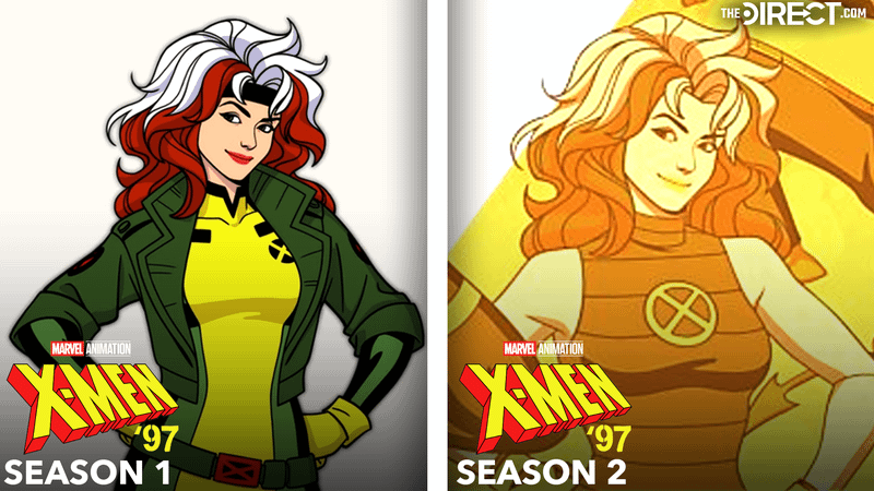 Rogue in green and yellow costume from 'X-Men '97' Season 1 close up, Rogue in sleeveless X-Men costume with yellow hue from 'X-Men '97' Season 2.
