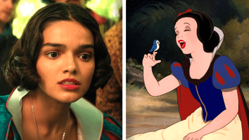 Rachel Zegler as Snow White on the left and the animated Snow White on the right.