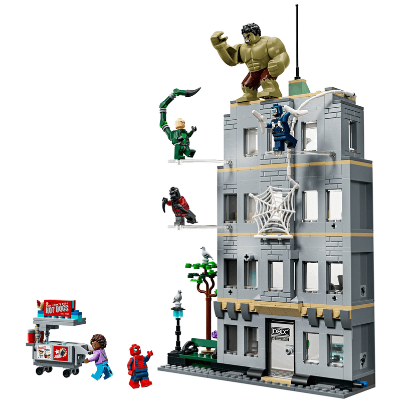 The Hulk and multiple villains battle Spider-Man.