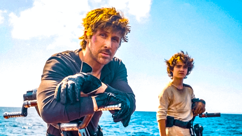 Ryan Gosling and Flynn Gray on a raft in Star Wars Starfighter