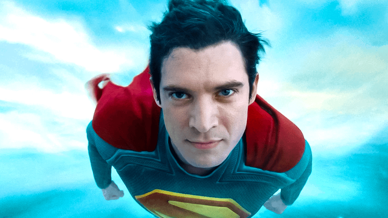 Superman flying in the sky in the 2025 movie.