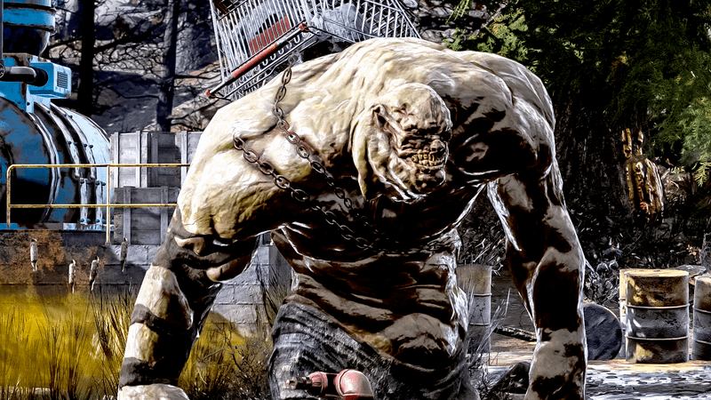 Super Mutant Behemoth walking through a swamp in Fallout