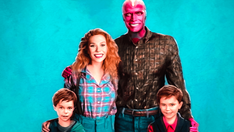 Baylen Bielitz as 5-year-old Billy Maximoff, Elizabeth Olsen as Wanda Maximoff, Paul Bettany as Vision, Gavin Borders as 5-year-old Tommy Maximoff in WandaVision