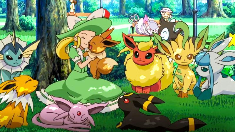 A woman hugging an Eevee with several eeveelutions around her in POkemon