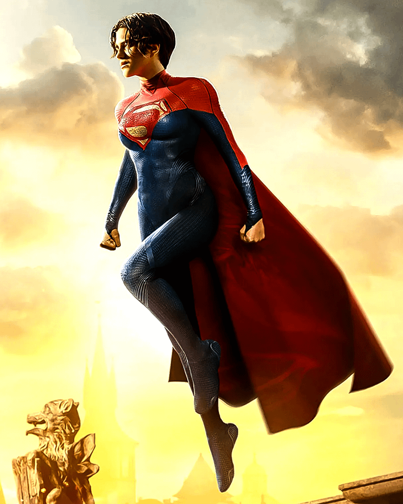 Sahsa Calle flying in the sky as Supergirl in The Flash