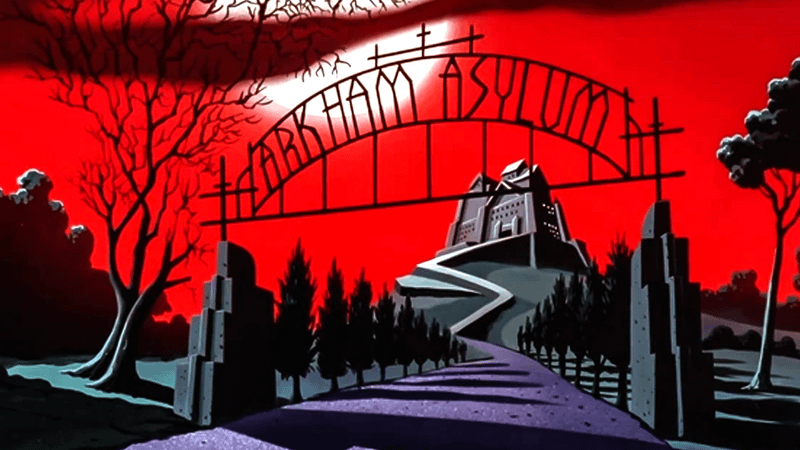 Arkham Asylum with a red sky in DC Comics.