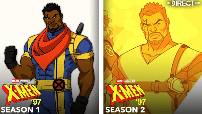 Bishop in blue and yellow X-Men suit with red scarf in 'X-Men '97' Season 1, Bishop in a yellow hue in 'X-Men '97' Season 2.