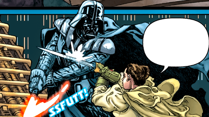 Darth Vader fighting against someone holding a Cortosis sword.