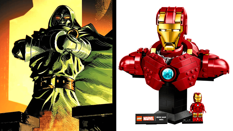 Doctor Doom and a LEGO Iron Man bust.