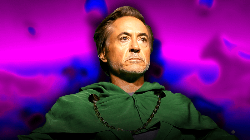 Robert Downey Jr. dressed as Doctor Doom with a purple background.
