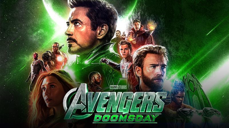 Avengers: Doomsday poster with Robert Downey Jr., Chris Evans, Elizabeth Olsen, and Tom Holland