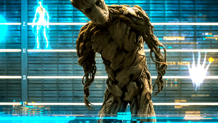 Groot bending down and looking at the camera during his mugshot.