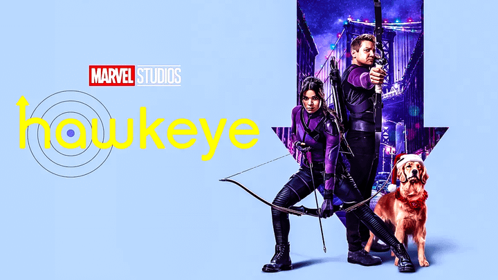 Hawkeye, Kate Bishop, and Lucky the Pizza Dog on the Hawkeye poster.