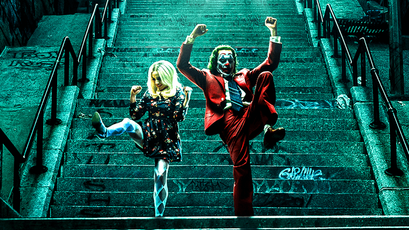 Lady Gaga as Harley Quinn, Joaquin Phoenix as Joker in 'Joker: Folie à Deux' poster.