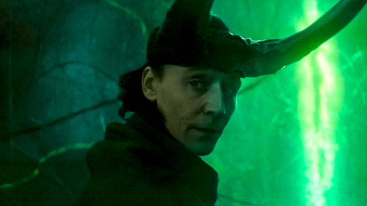 Loki in the Loki Disney+ series wearing his horned crown.