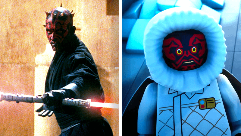 Darth Maul holding out his red lightsaber in Episode I and LEGO Darth Maul in a parka in LEGO Star Wars